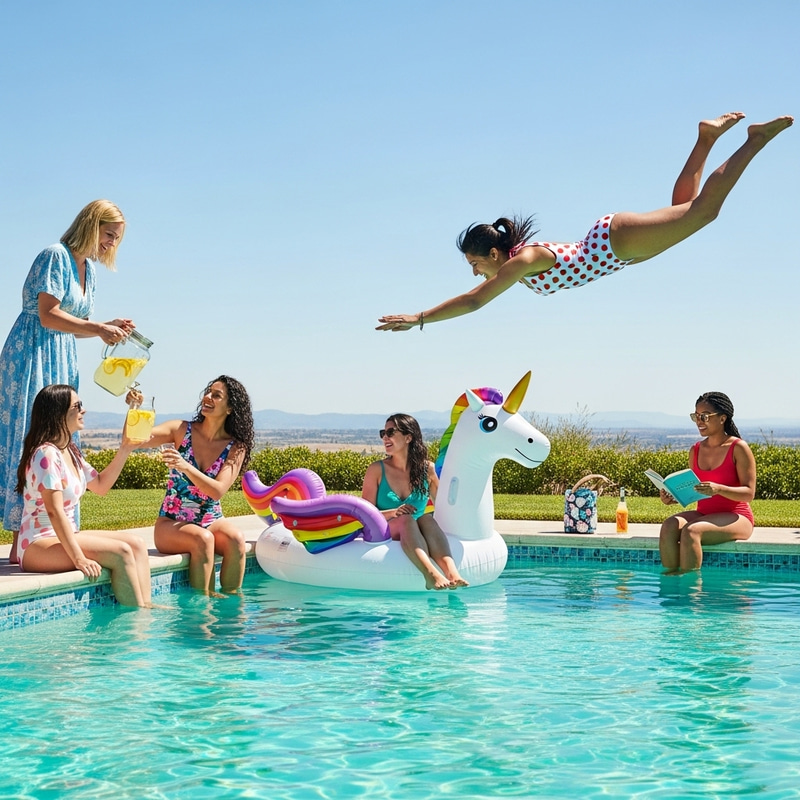 Diverse Women Enjoying Pool Party Under Sun