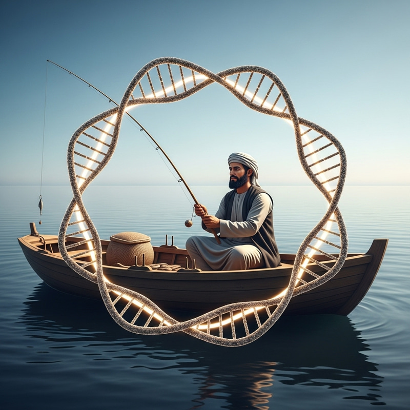 Tranquil Fishing Scene with DNA Border - Middle-Eastern Man Fishing in Antique Attire