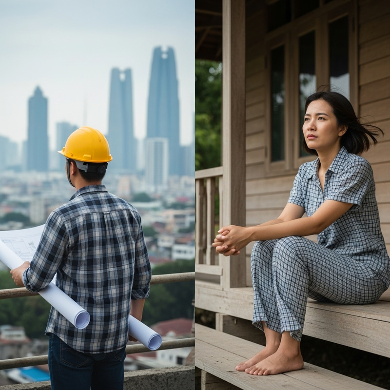 Asian Man Commuting Far from Home While Woman Waits Asian Man Commuting Far from Home While Woman Waits