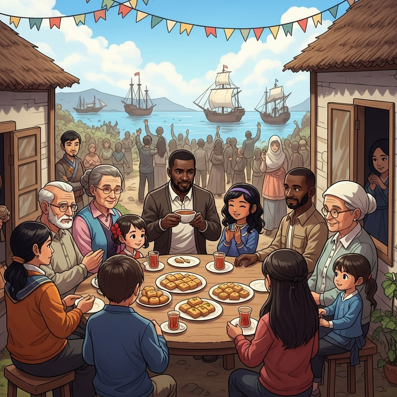 Joyful Multigenerational Family Gathering with Baklava, Tea & Ship Treasures Joyful Multigenerational Family Gathering with Baklava, Tea & Ship Treasures