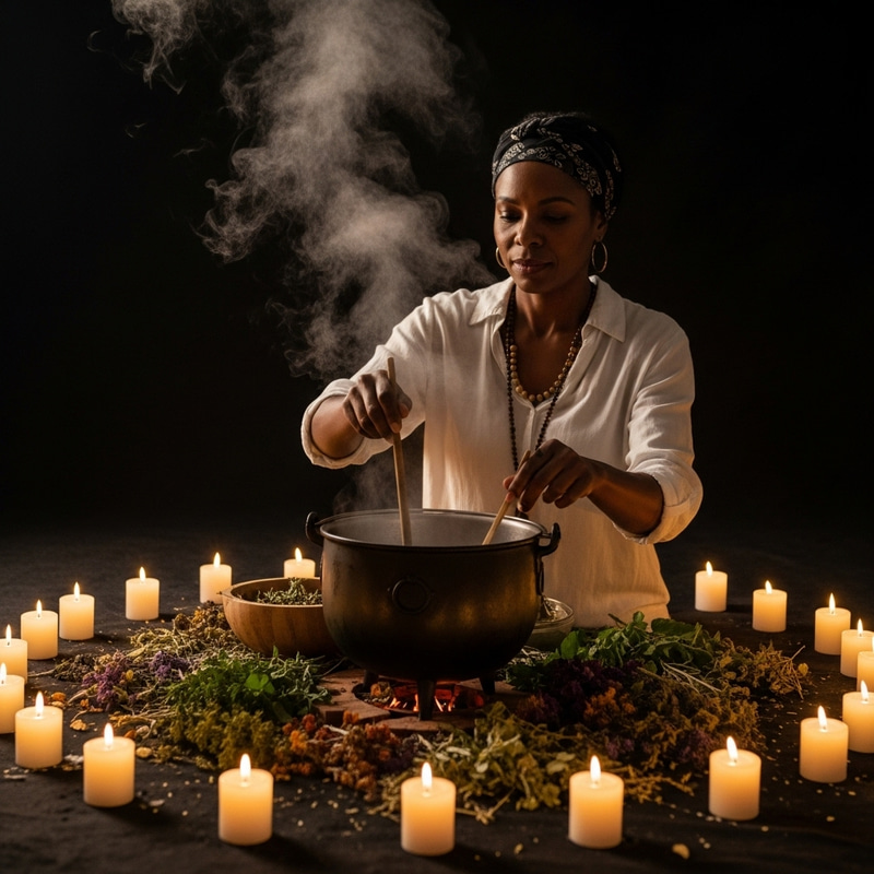 Tranquil African American Woman Creating Herbal Concoction - Mystical Scene Tranquil African American Woman Creating Herbal Concoction - Mystical Scene