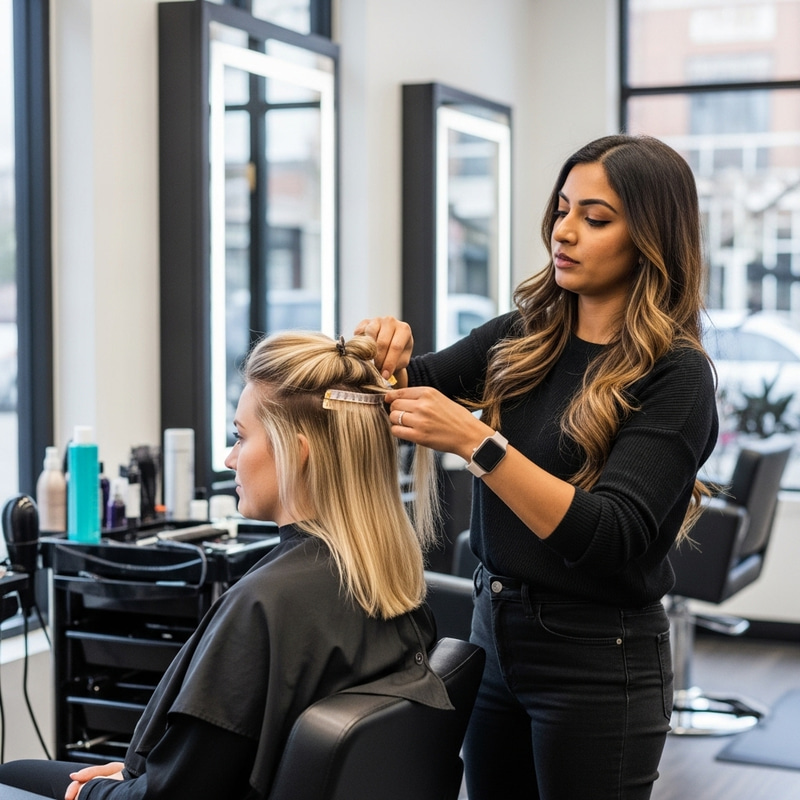 Professional South Asian Hairstylist with Tape Hair Extensions in Salon Professional South Asian Hairstylist with Tape Hair Extensions in Salon