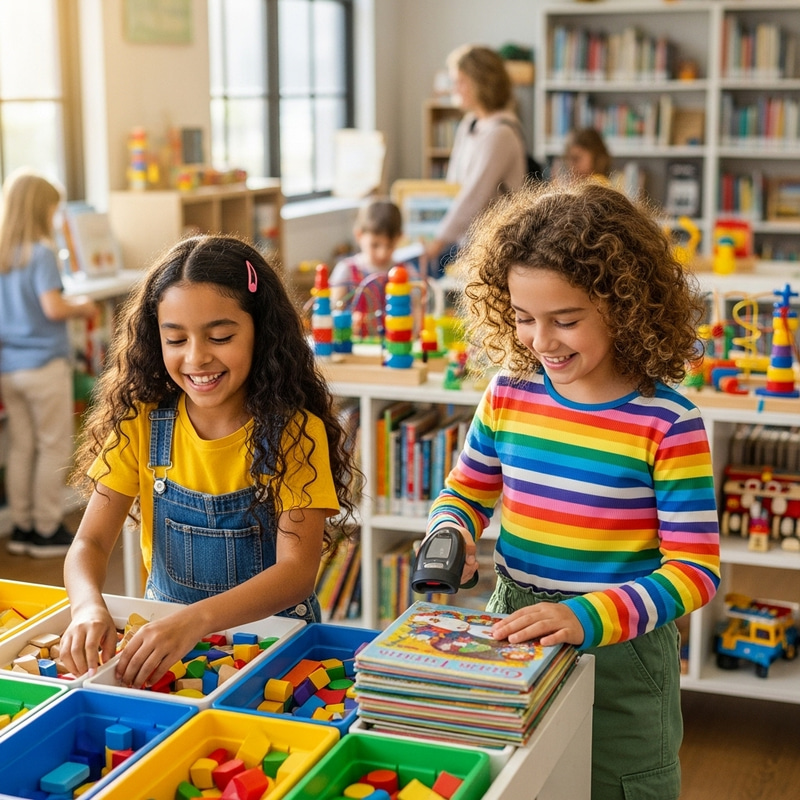 Joyful Girls in Colorful Toy Library Joyful Girls in Colorful Toy Library