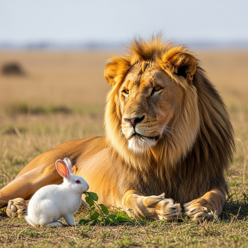Majestic Lion with Rabbit in Tranquil Savannah Scene Majestic Lion with Rabbit in Tranquil Savannah Scene