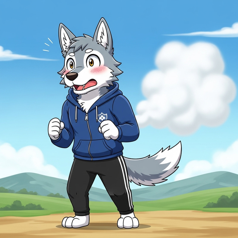 Anime Style Wolf Character Farting White Gas - Comical Illustration