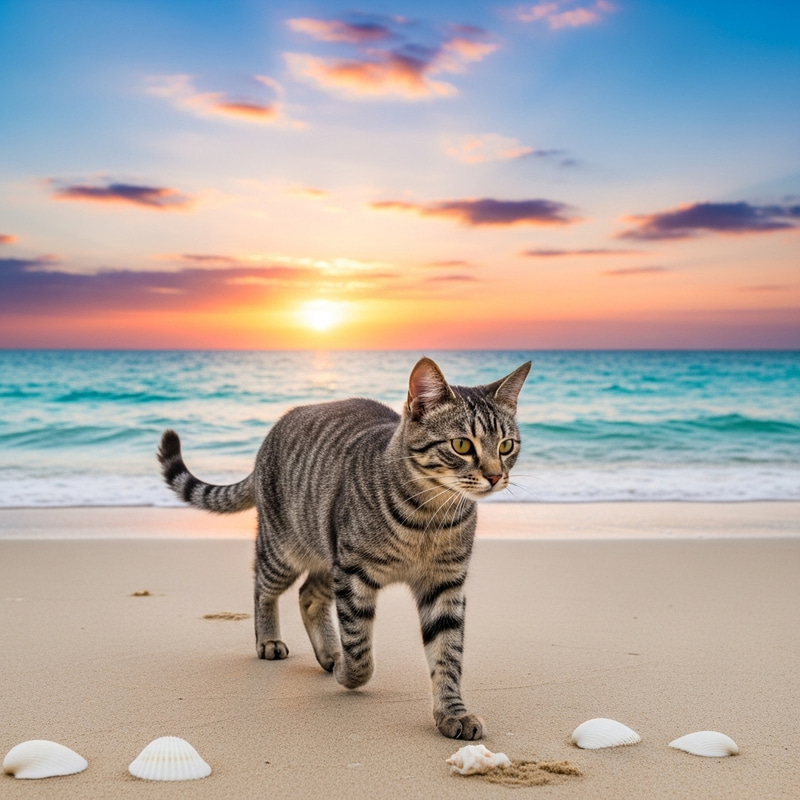 Cat Walking on the Beach at Sunset | Ocean Breeze and Seashells Cat Walking on the Beach at Sunset | Ocean Breeze and Seashells