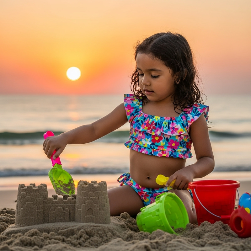 Hispanic Girl in Bikini Building Sandcastle at Sunset Beach