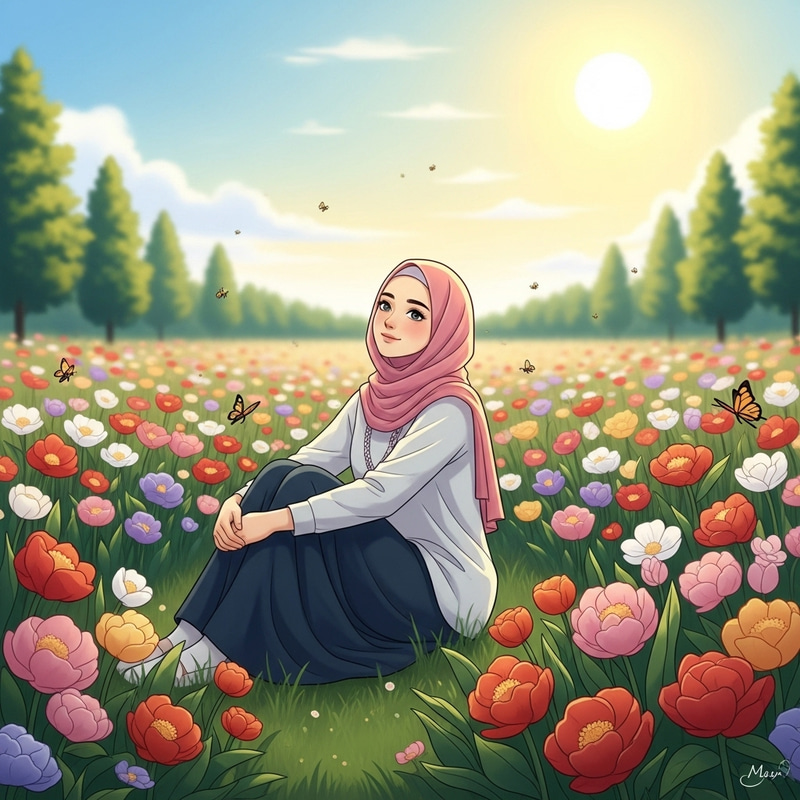 Serene Girl in Hijab Surrounded by Blooming Flowers Serene Girl in Hijab Surrounded by Blooming Flowers