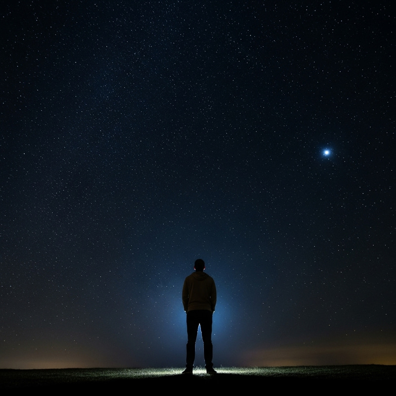Solitary Hispanic Man Under Starlit Night Sky Solitary Hispanic Man Under Starlit Night Sky