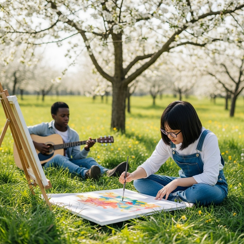 Girl Painting in Green Grass Field | Boy Playing Guitar Girl Painting in Green Grass Field | Boy Playing Guitar