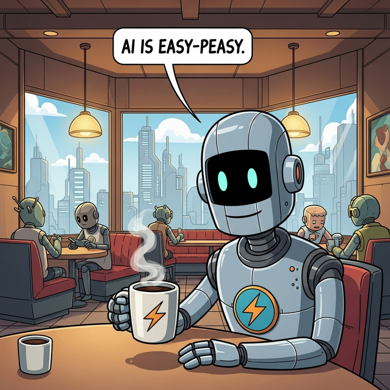 Futuristic Robot with Lightning Bolt Coffee Mug in Coffee Shop Futuristic Robot with Lightning Bolt Coffee Mug in Coffee Shop