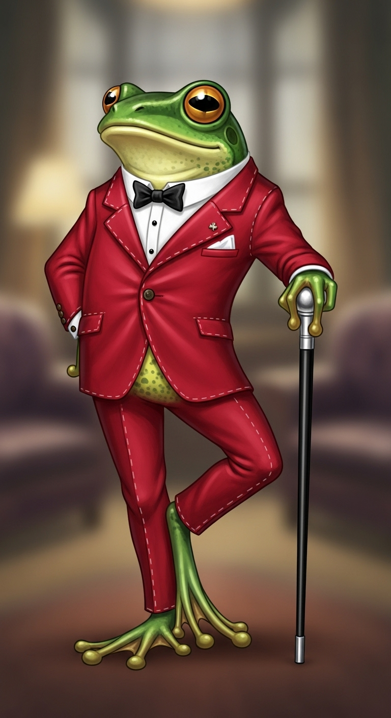 Elegant Frog in Red Suit with White Cane Illustration Elegant Frog in Red Suit with White Cane Illustration