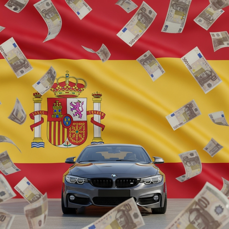 Spanish Flag Background with Car and Money Rain