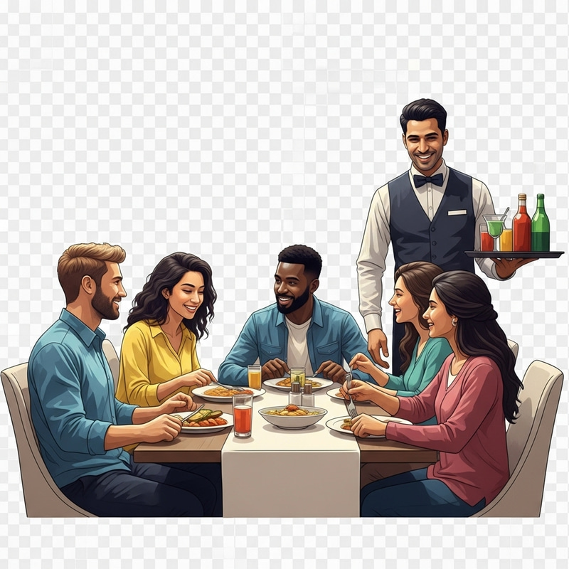 Group of Diverse Friends Dining at Buzzing Restaurant with Smiling Waiter Group of Diverse Friends Dining at Buzzing Restaurant with Smiling Waiter