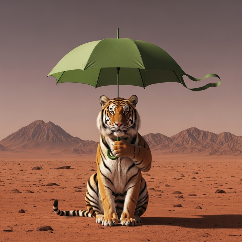 Tiger with Green Umbrella on Mars: Incredible Martian Sight Tiger with Green Umbrella on Mars: Incredible Martian Sight