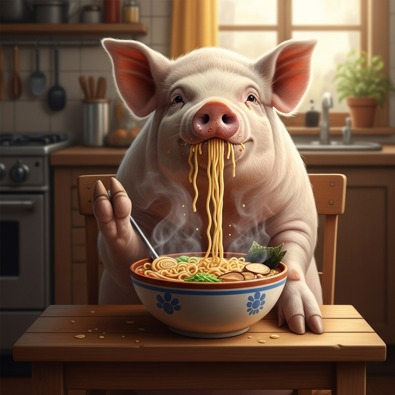 Pig Enjoying a Big Bowl of Noodles Pig Enjoying a Big Bowl of Noodles