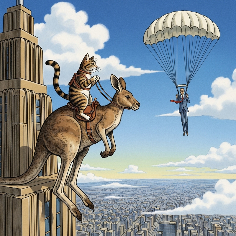 Cat on Kangaroo Watching Girafales Parachuting Rooftop Cat on Kangaroo Watching Girafales Parachuting Rooftop