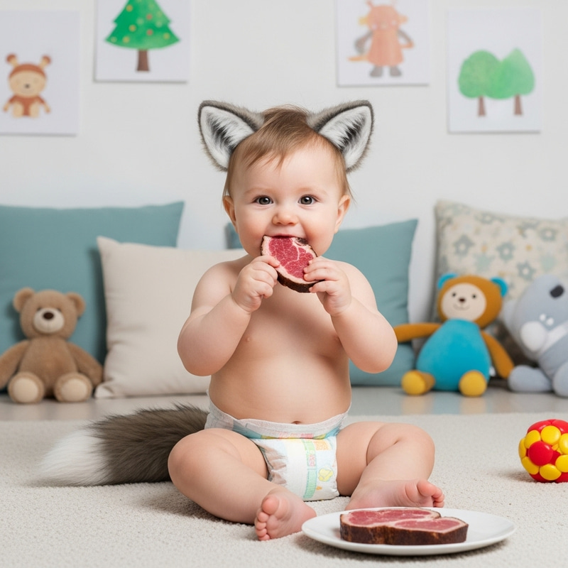 Adorable Baby Wolf in Diaper with Meat - Innocent Wilderness