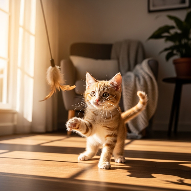 Cute Kitten Playing with Feathered Toy