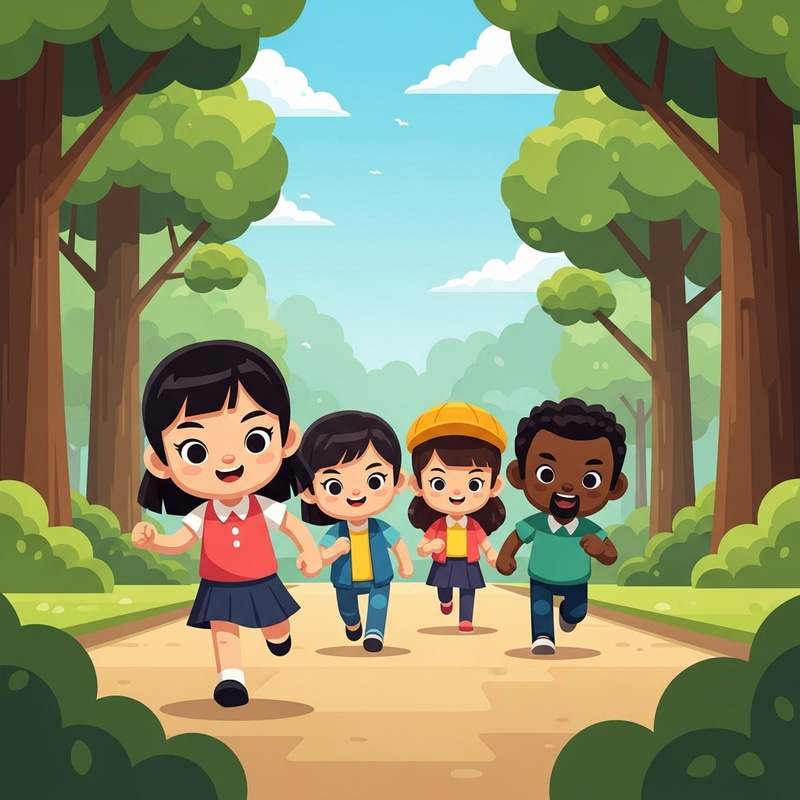 Cute Running Girl Characters: Geometric Flat Illustrations in Park