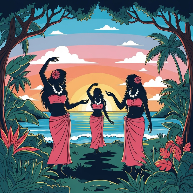 Polynesian Women Silhouette: Tropical Paradise in Vibrant Colors Polynesian Women Silhouette: Tropical Paradise in Vibrant Colors