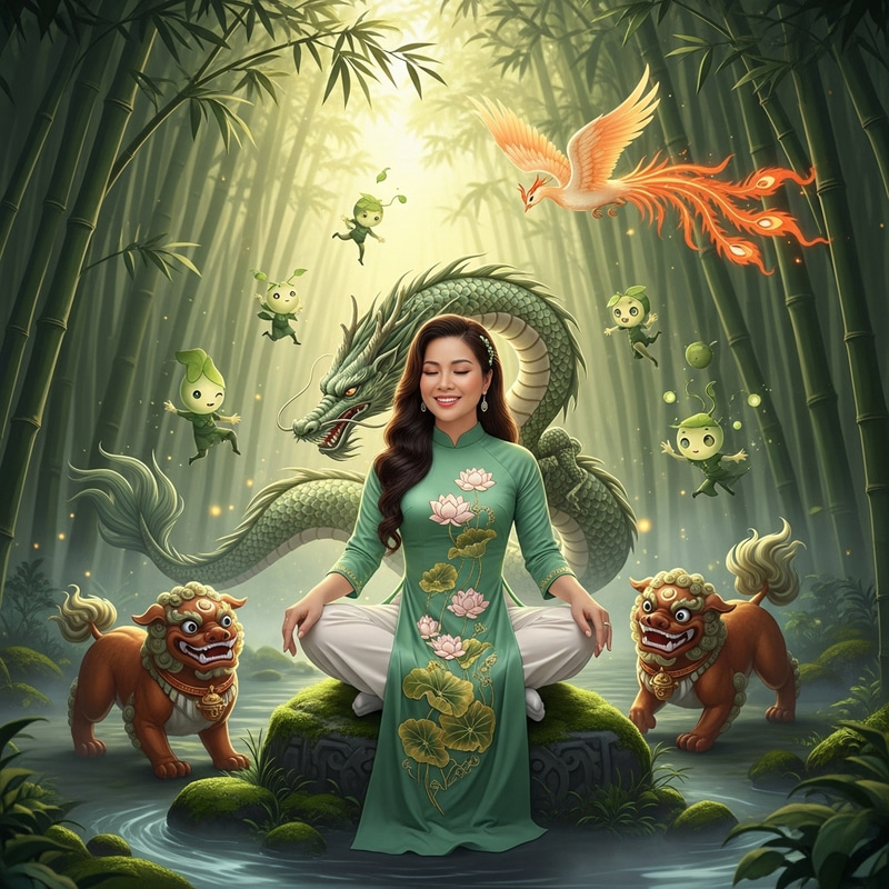 Vietnamese Woman Smiling Peacefully Amid Asian Spirits Vietnamese Woman Smiling Peacefully Amid Asian Spirits