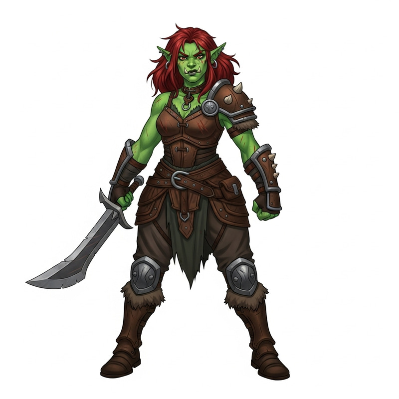 Fierce 16-Year-Old Half-Orc Female Barbarian with Green Skin