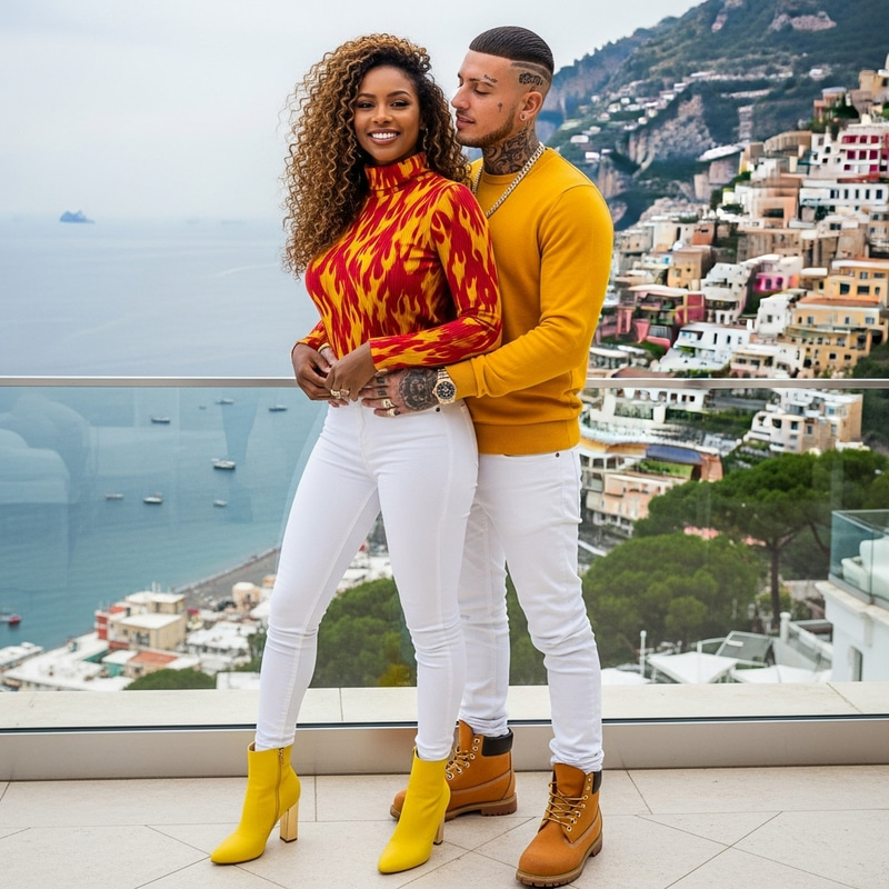 Luxurious Amalfi Coast Portrait - Elegant Couple Embracing in High Fashion Style Luxurious Amalfi Coast Portrait - Elegant Couple Embracing in High Fashion Style