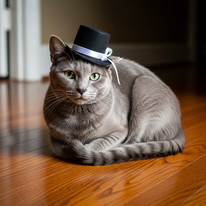 Gray Cat with Miniature Top Hat Sitting on Wooden Floor Gray Cat with Miniature Top Hat Sitting on Wooden Floor