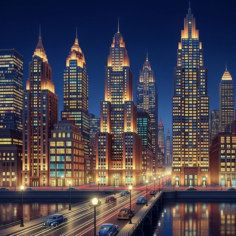 Art Deco Cityscape Night: A Glowing Urban Symphony