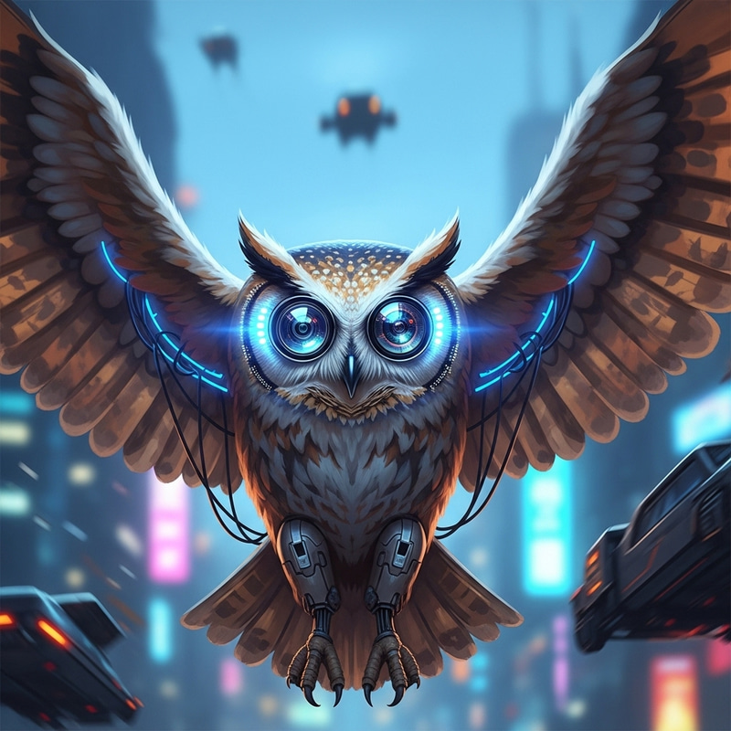 Majestic Owl with LED Lights and Camera Lens Eyes: Captivating Visual