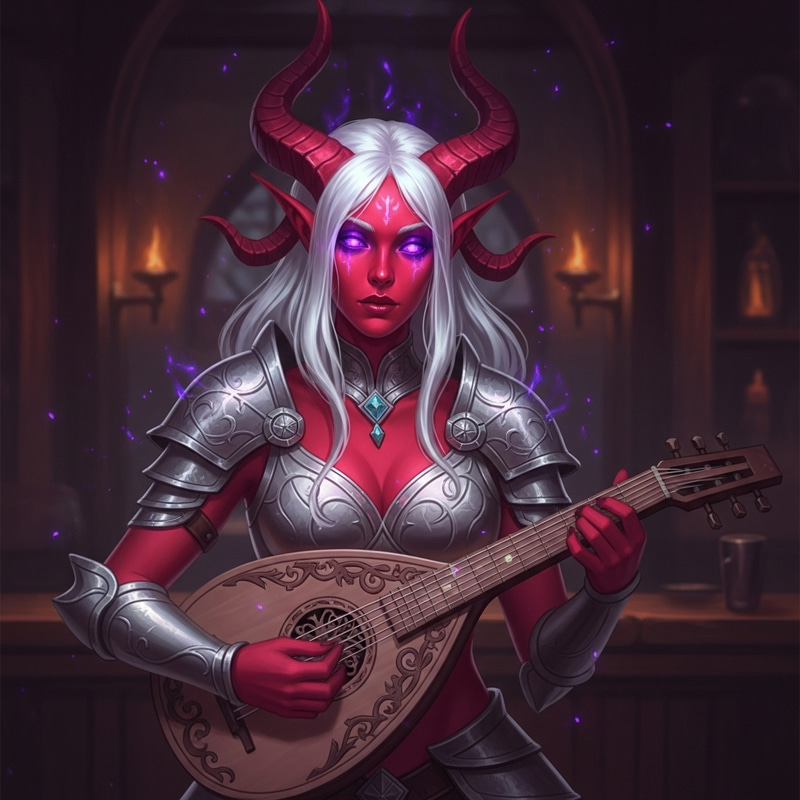 Ethereal Tiefling Bard Plays Lute in Candlelit Tavern | Fantasy Art Ethereal Tiefling Bard Plays Lute in Candlelit Tavern | Fantasy Art