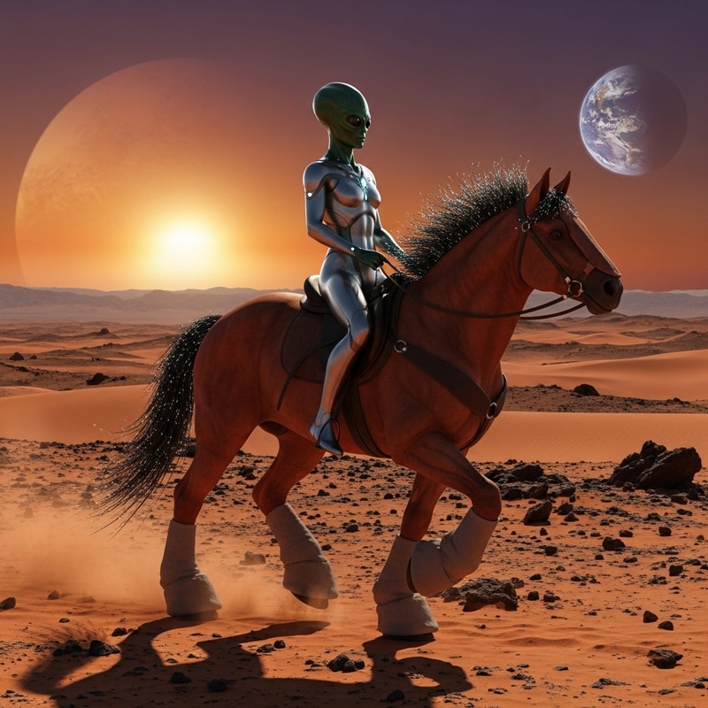 Extraterrestrial Being On Mars Riding a Horse Extraterrestrial Being On Mars Riding a Horse