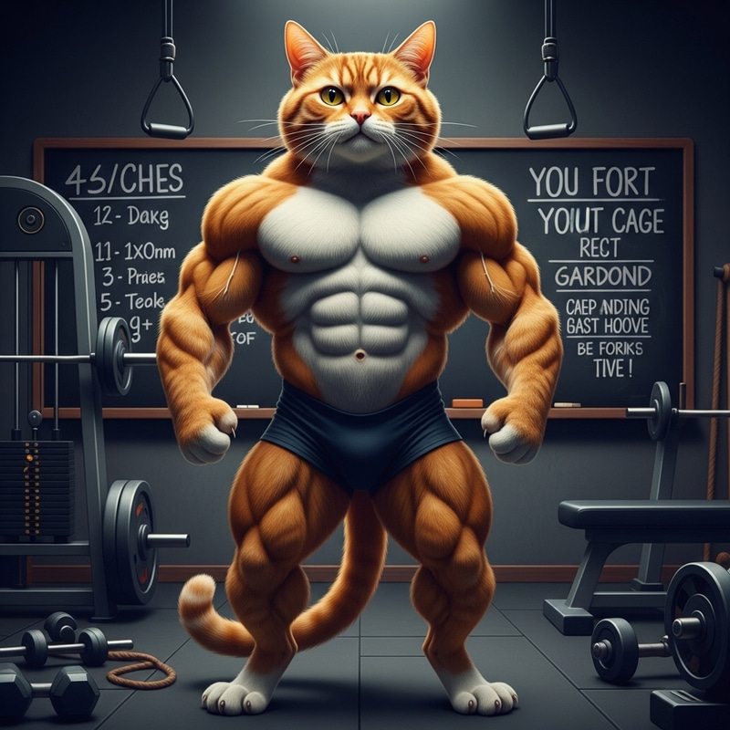 Orange Bodybuilder Cat Scene - Impressive Feline Gym Display Orange Bodybuilder Cat Scene - Impressive Feline Gym Display