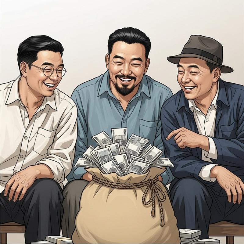 Three Happy Chinese Men with Money Bag - Cultural Wealth Three Happy Chinese Men with Money Bag - Cultural Wealth