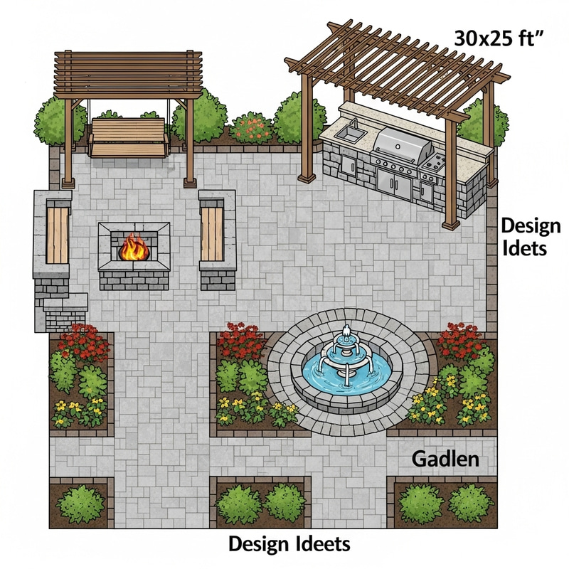 Exquisite 30x25 Feet Paver Patio Design with Grill, Fire Pit & Garden