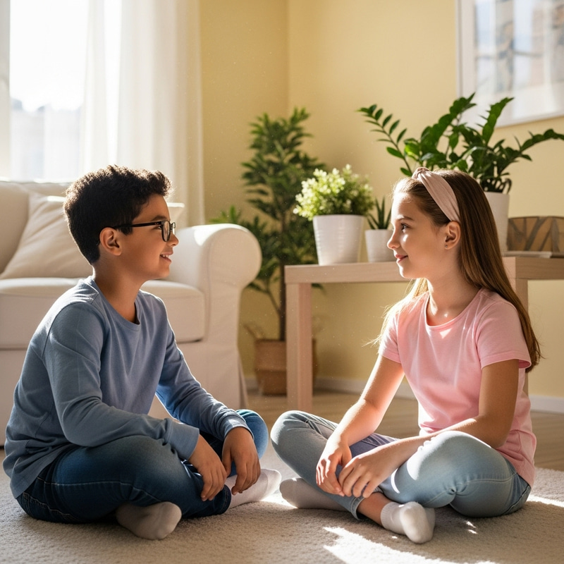 Young Hispanic Boy and Caucasian Girl Sitting on Floor Chatting Young Hispanic Boy and Caucasian Girl Sitting on Floor Chatting