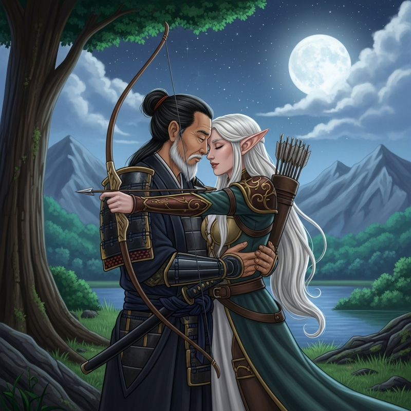 Intimate Moment: Aged Samurai Embraces Beautiful Elf Archer Under Moonlight Intimate Moment: Aged Samurai Embraces Beautiful Elf Archer Under Moonlight