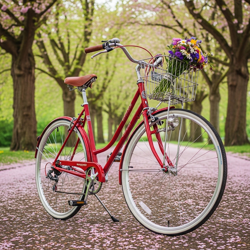 Vintage Red Bicycle in Sunlit Park | Classic Bike with White-Walled Tires Surrounded by Cherry Blossoms Vintage Red Bicycle in Sunlit Park | Classic Bike with White-Walled Tires Surrounded by Cherry Blossoms