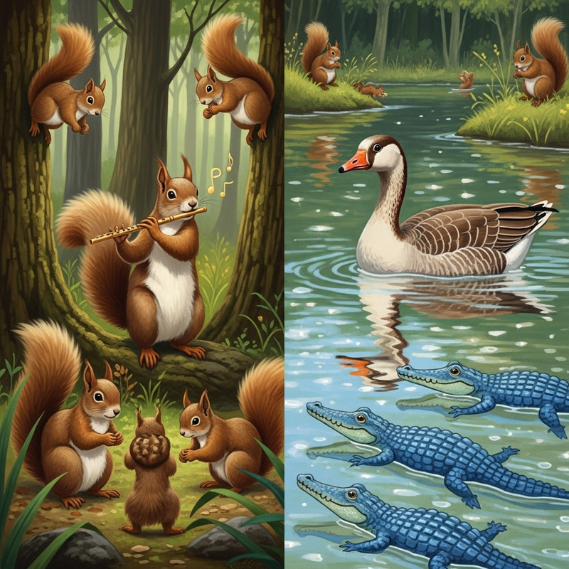 Enchanting Woodland Illustration with Musical Squirrels and Mythical Amphibians