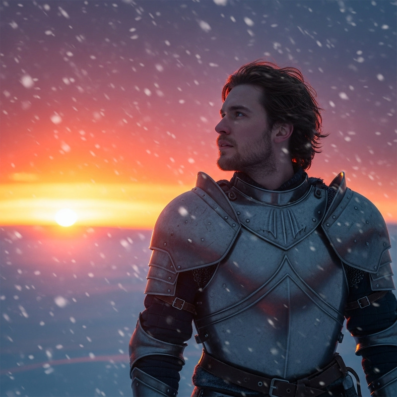 Lone Steel-Clad Warrior in a Dazzling Sunset Lone Steel-Clad Warrior in a Dazzling Sunset