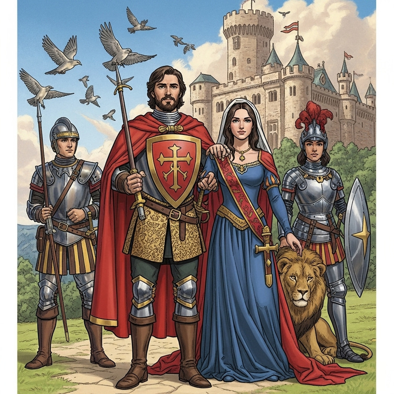 Male and Female Public Figures with Soldiers and Lion Outside Castle Male and Female Public Figures with Soldiers and Lion Outside Castle