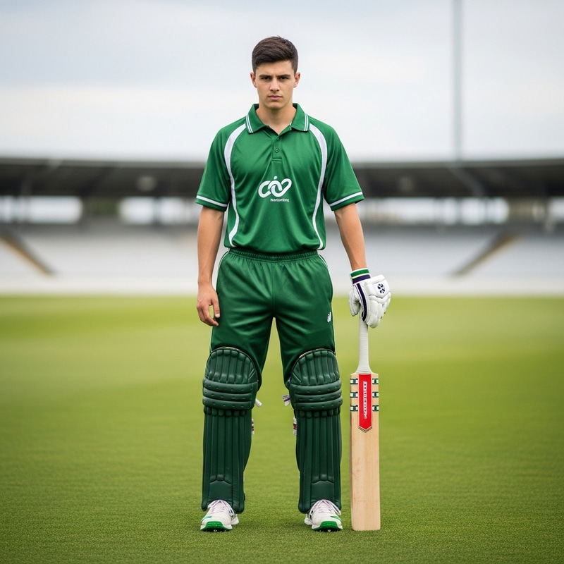 Young Fair-Skinned Boy in Green Cricket Uniform