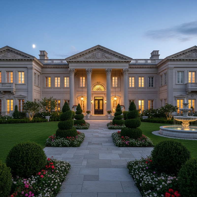 Luxurious Classical Real Estate at Dusk | Mansion Details Luxurious Classical Real Estate at Dusk | Mansion Details