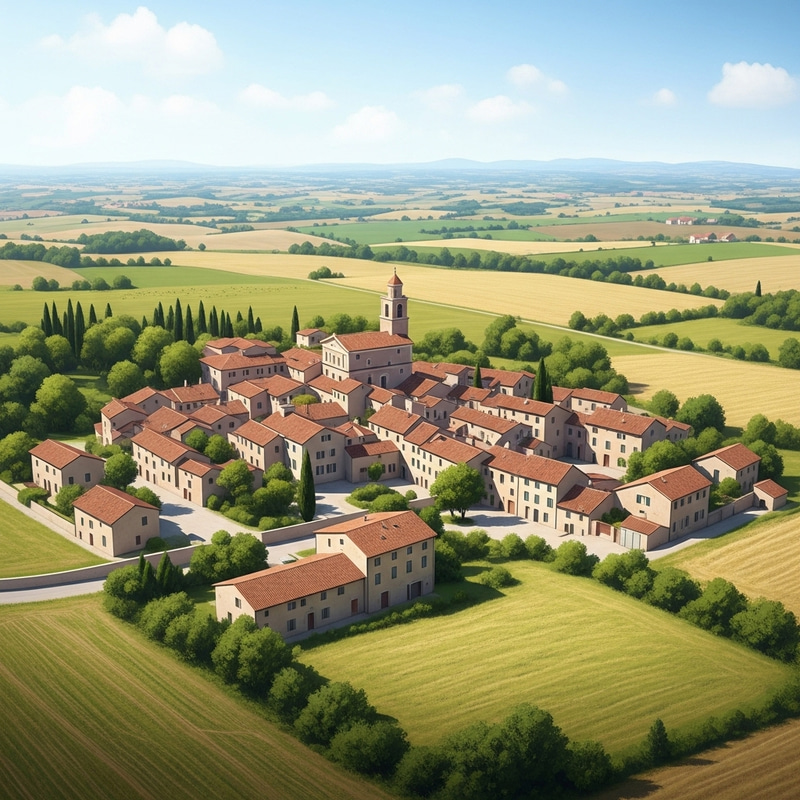 Idyllic Countryside Village in Pastel Hues