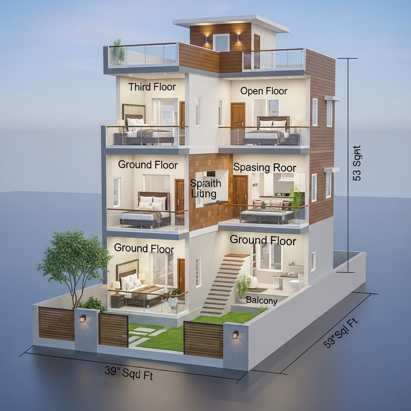 Modern Three-Story House Design on 39x53 Plot | Spacious 832 Sq Ft Home
