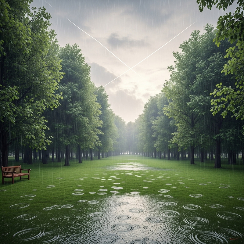Rainy Day Serenity in Lush Meadow - Nature Landscape View Rainy Day Serenity in Lush Meadow - Nature Landscape View