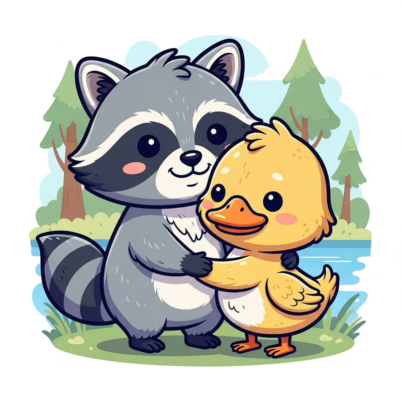 Cute Raccoon and Duck Hugging Kawaii | Sweet Friendship Cartoon Cute Raccoon and Duck Hugging Kawaii | Sweet Friendship Cartoon