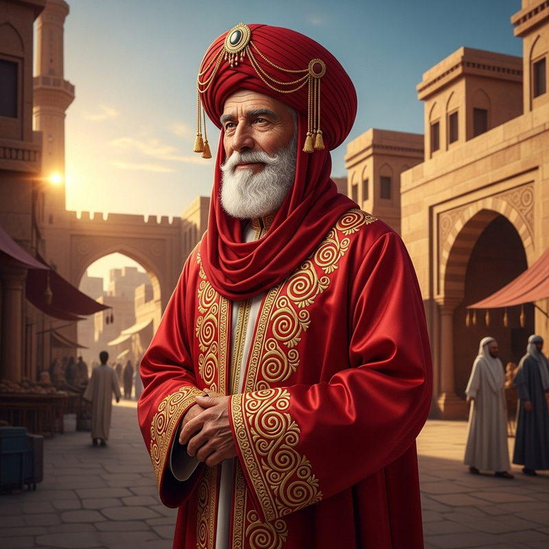 Ancient Middle-Eastern Man in Red Robe | Historic City View