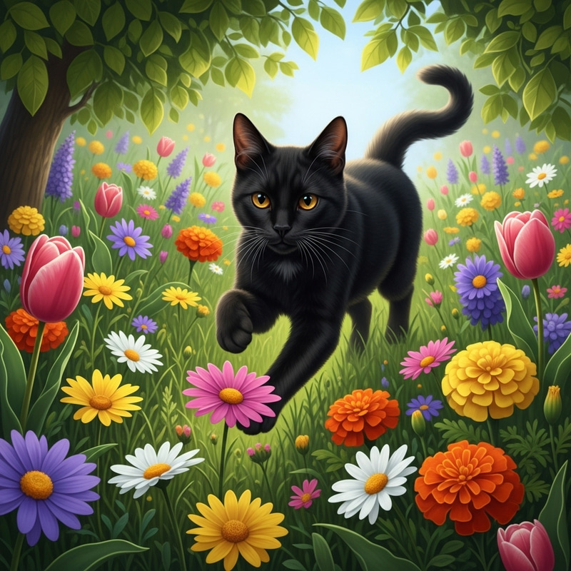 Black Cat Running in a Patch of Flowers Black Cat Running in a Patch of Flowers